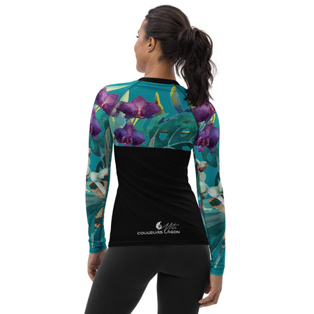 dos - Lycra Rashguard Noir Femme MITI TURQUOISE ORCHIDEES Caraco - Couleurs Lagon