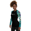 gauche - Lycra Rashguard Noir Femme MITI TURQUOISE ORCHIDEES Caraco - Couleurs Lagon