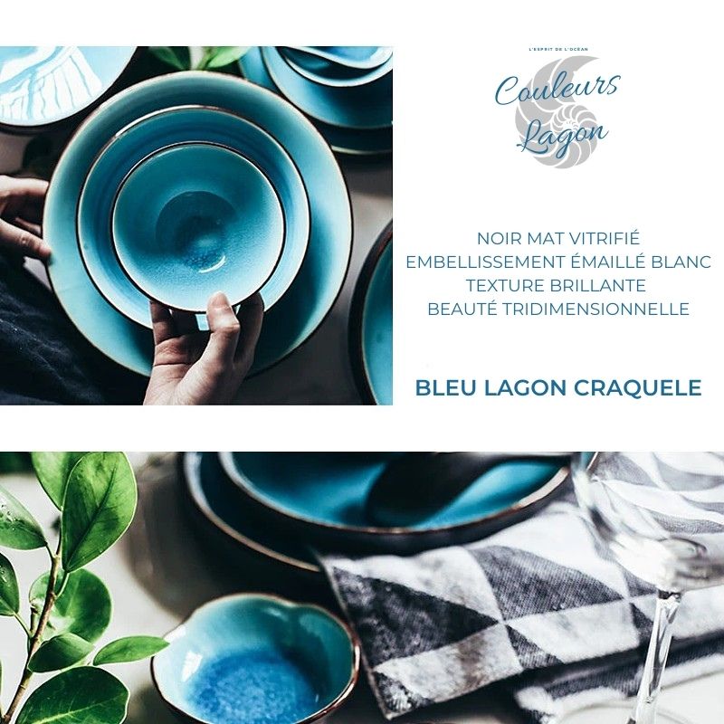 Vaisselle en porcelaine céramique Glaçage Craquelé BLEU LAGON – COULEURS  LAGON